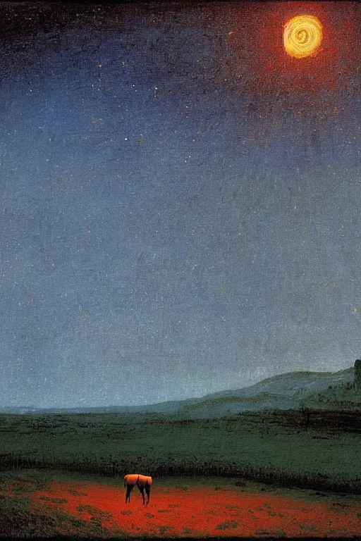 Image similar to black horse running through the starry nighty in a romantic night landscape, caspar david friedrich, arkhip kuindzhi, twilight