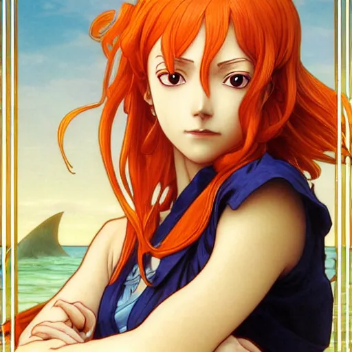 Image similar to intricately detailed vfx portrait of nami from one piece by eiichiro oda, makoto shinkai, alphonse mucha, art by artgerm and greg rutkowski, best of behance, concept art, matte, sharp focus, orange hair, adolphe bouguereau, annie leibovitz, stanley kubrick,