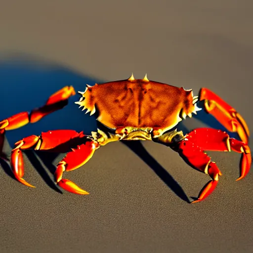 Prompt: crab holding a knife in its claw. nature photography, golden hour