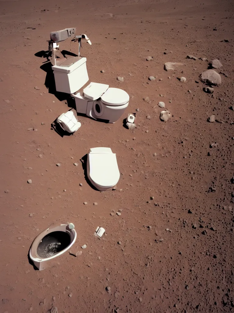 Prompt: a lunatic finds a toilet on mars, 4k, photoreal, colour polaroid photo