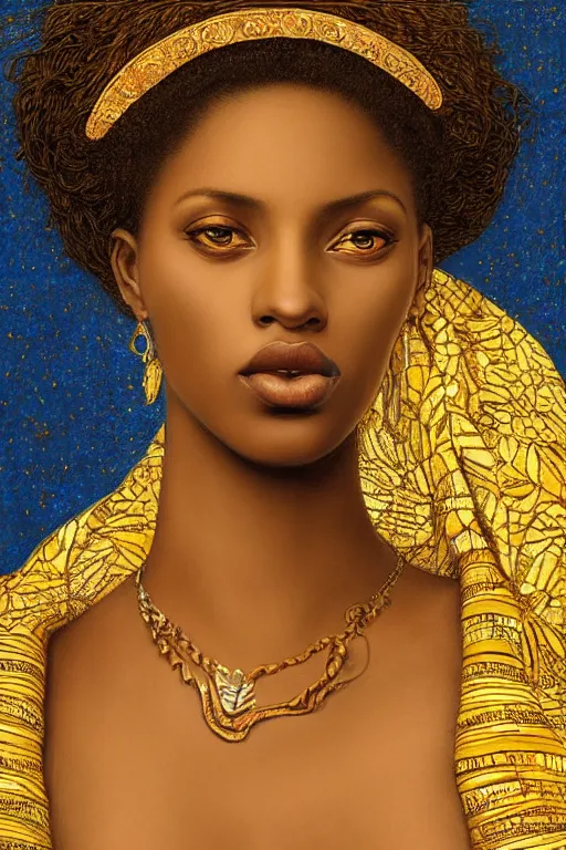 Prompt: Portrait of a Beautiful African female, sad green eyes, beautiful skin, elegant, jewellery, digital painting, Pre-Raphaelites, highly detailed, concept art, smooth, sharp focus, gold and indigo, illustration, art by Klimt .