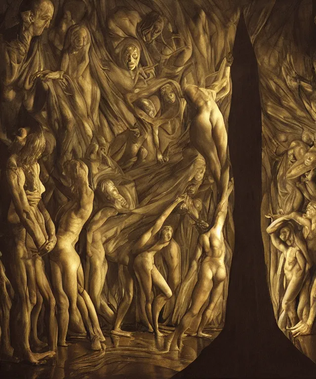 Image similar to The mirror room without doors and windows with beautiful full-body wax sculpture of a glowing transparent woman with visible golden bones inside it in the singularity where stars becoming baroque folds of dark matter by Michelangelo da Caravaggio, Nicola Samori, William Blake, Alex Grey and Beksinski, dramatic volumetric lighting, highly detailed oil painting, 8k, masterpiece