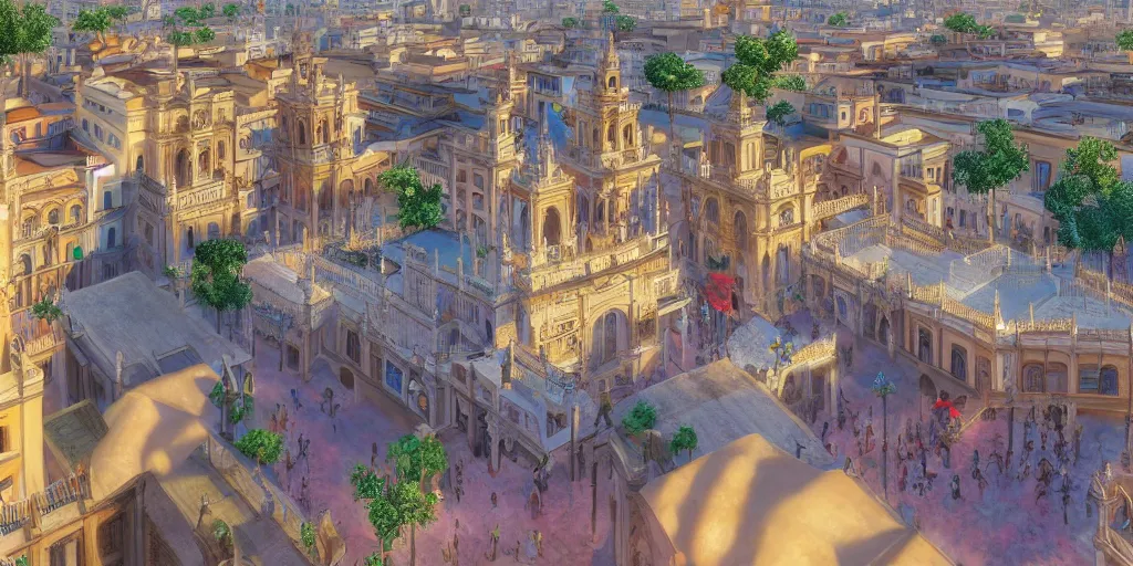 Image similar to ultra detailed and realistic painting of la plaza nueva ( seville ) inspired by very beautiful cute and colored disney movie backgrounds, rendered in 8 k unreal engine