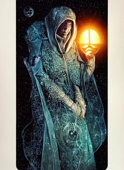 Prompt: wizard in a hooded cloak gazing into a crystal ball, high details, intricately detailed, by vincent di fate, artgerm julie bell beeple, inking, screen print