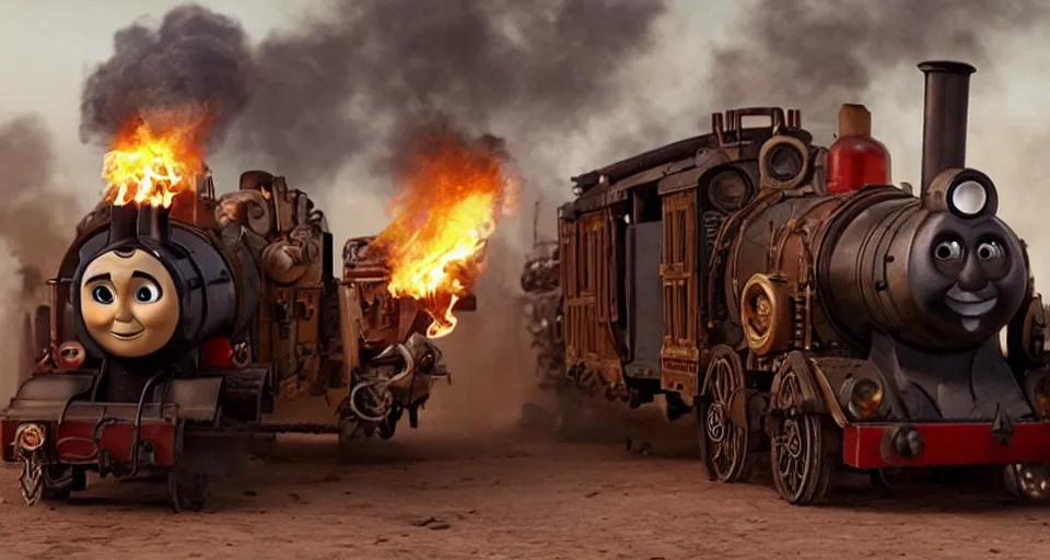 Prompt: steampunk Thomas the Tank Engine with fire in MAD MAX: FURY ROAD