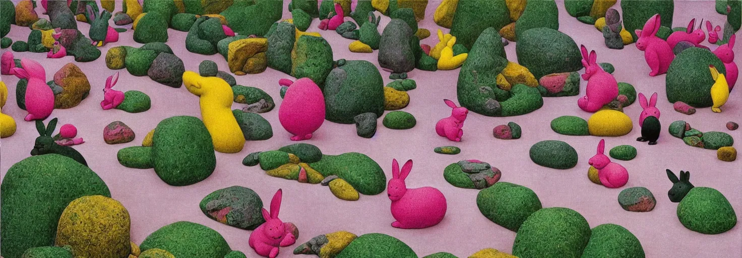 Image similar to a rock garden filled with pink rabbits, by m. c. escher, yellow, green, red, snowy, ultra sharp, ultra detailed, cyberpunk, happy, uplifting, colorized by salvador dali