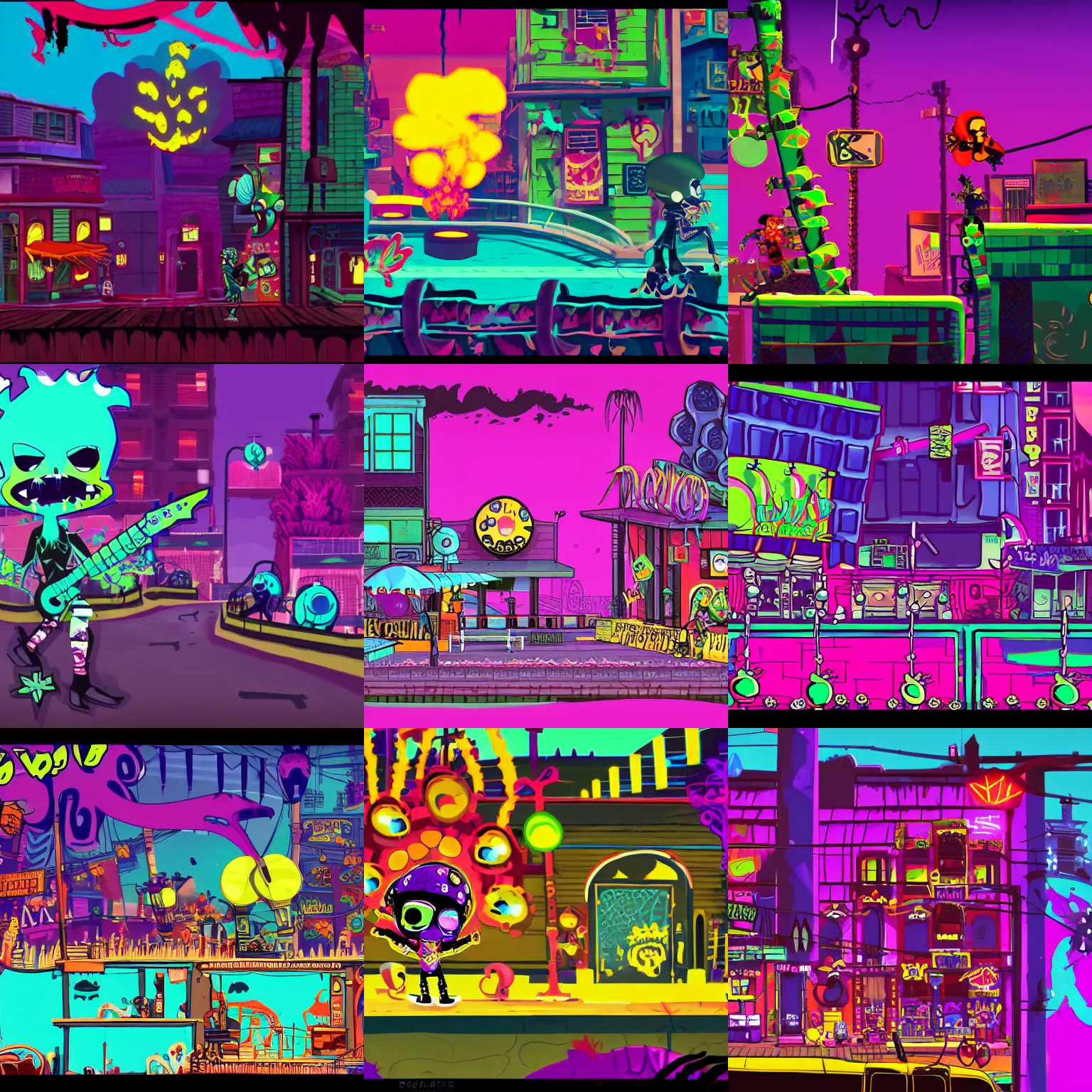 Prompt: screenshots of a punk rocker vampiric electrifying rockstar background from a vibrant seaside side scrolling crowded town filled with fish and coral by genndy tartakovsky and splatoon by nintendo for a new game from the psychonauts franchise by doublefine tim shafer