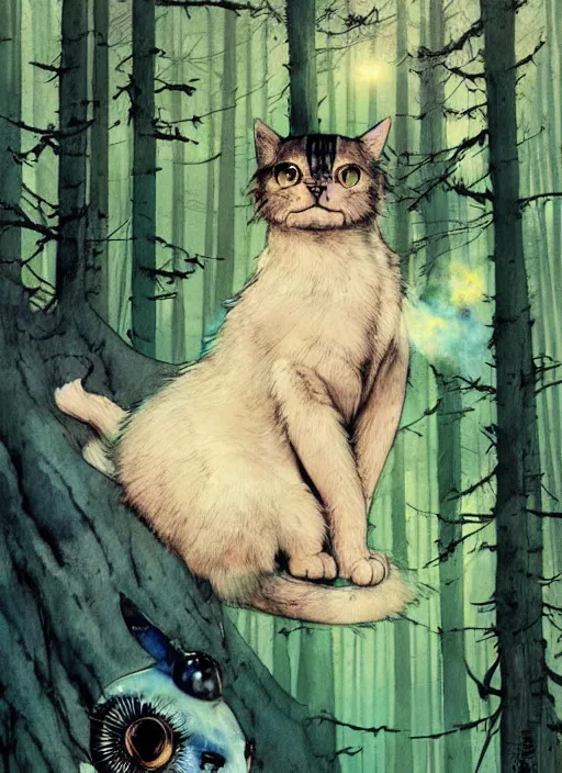 Image similar to a hyper realistic ink cat and the meaning of life and sunbeams blue sky, lush forest comic painting by chiara bautista and norman rockwell and greg rutkowski weta studio, and lucasfilm