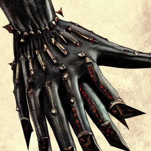 Image similar to metal claws on gloves, old leather gloves with attached talons, pointy fingertips, dark background, highly detailed, 8 k, trending on artstation, mystic, rpg artwork, by peter jackson, by sauron