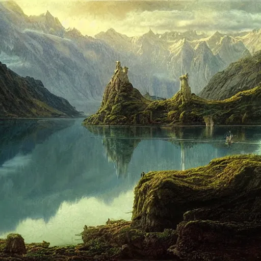 Image similar to a beautiful and highly detailed matte painting of a beautiful lake deep in the mountains, intricate details, epic scale, insanely complex, 8 k, sharp focus, hyperrealism, very realistic, by caspar friedrich, james gurney, brian froud,