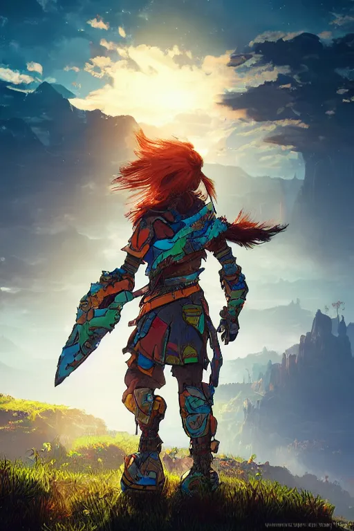 Image similar to combination suit armor aloy horizon forbidden west horizon zero dawn radiating a glowing aura global illumination ray tracing hdr fanart arstation by ian pesty and alena aenami artworks in 4 k tribal robot ninja mask helmet backpack