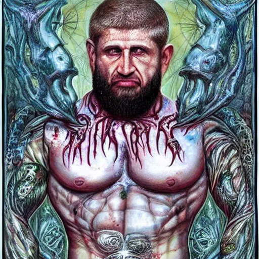 Image similar to ramzan kadyrov became bloody ugly lovecraftian degenerate abomination, photo - realistic, color image, 2 k, highly detailed, bodyhorror, occult art