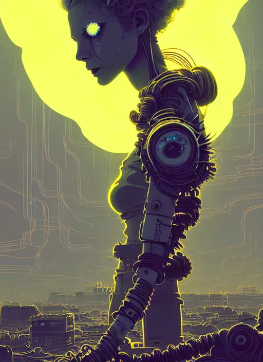 Prompt: highly detailed portrait of wasteland punk long curly glowing yellow and white plasma electricity hair tribal lady, stray electric spark wiring by atey ghailan, james gilleard, by joe fenton, by greg rutkowski, by greg tocchini, by kaethe butcher, 4 k resolution, gradient yellow, black and white color scheme!!! ( ( lightning cloudy robotic dystopian city background ) )