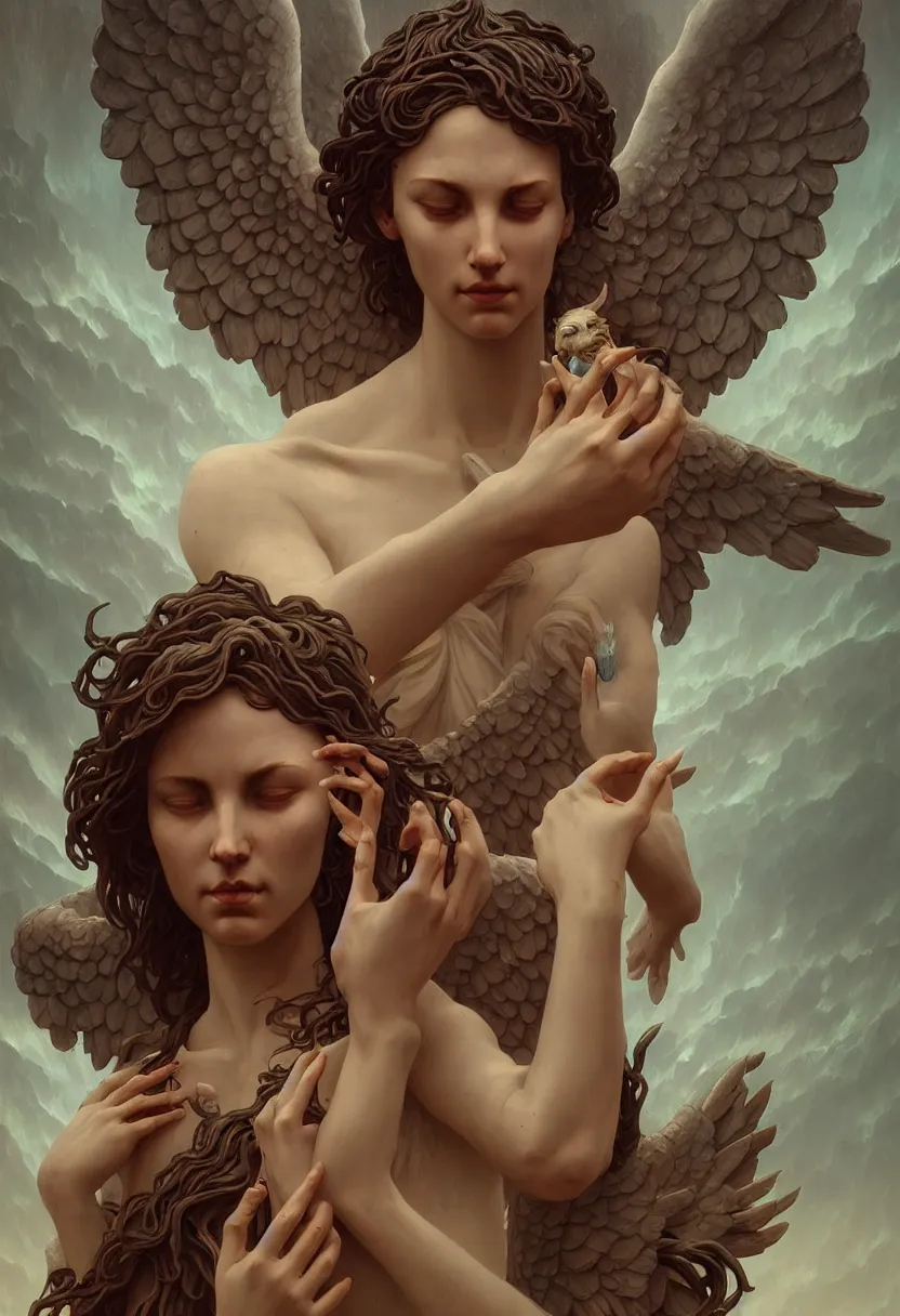 Image similar to beautiful very extreme closeup portrait, weeping scary angels, angel of grief, stone statues, beautiful woman body, unreal engine, greg rutkowski, loish, rhads, beeple, tom bagshaw, alphonse mucha, global illumination, detailed and intricate environment