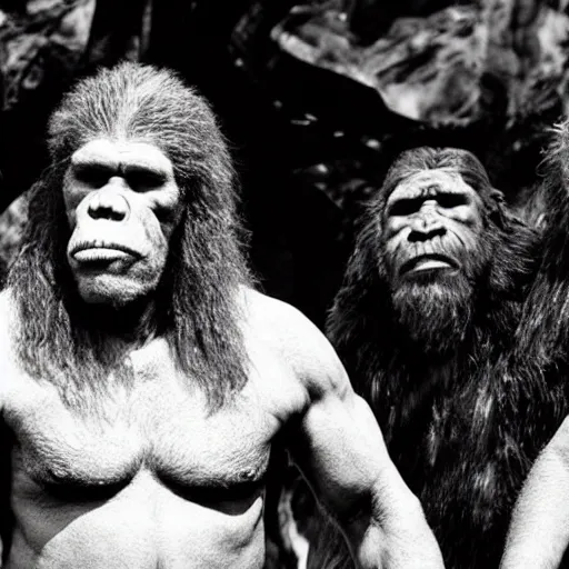 Prompt: Ron Perlman with his Neanderthal Ancestors