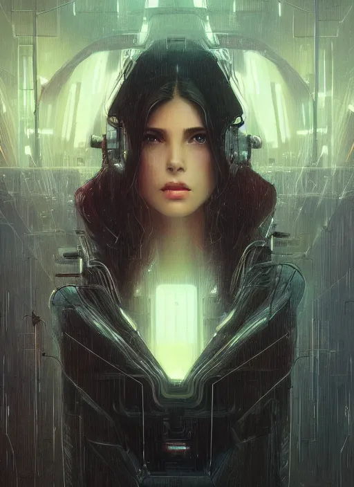 Image similar to beautiful young woman, gorgeous face, sad eyes, tears, bladerunner city landscape, cybernetic, wires, technology, vaporwave aesthetic, synthwave, intricate, elegant, highly detailed, digital painting, artstation, concept art, smooth, sharp focus, illustration, art by artgerm and greg rutkowski and alphonse mucha