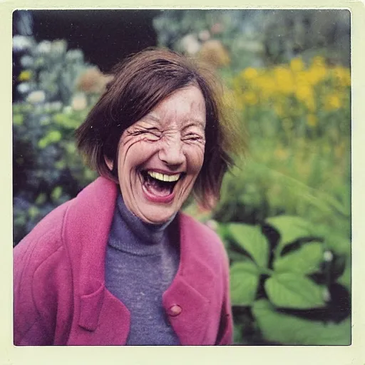 Prompt: a polaroid of a laughing woman with her hand covering her right eye taken in front of a herbaceous border