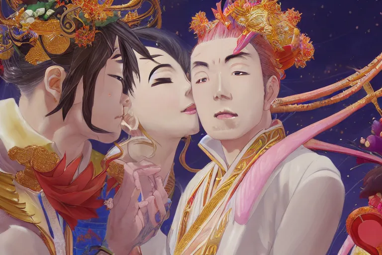 Image similar to close up moment of a divine a japan sun god and a moon goddess lovers magician at a wedding banquet, highly detailed, genshin, fantasy, 4 k realistic, digital painting, trending on artstation, concept art, sharp focus, illustration, art by makoto shinkai and akihiko yoshida and daniel gerhartz