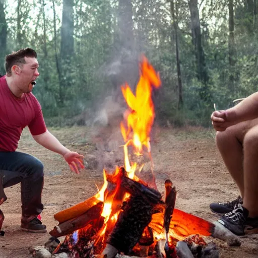 Prompt: Guy farting on a large campfire with horrified people around him.