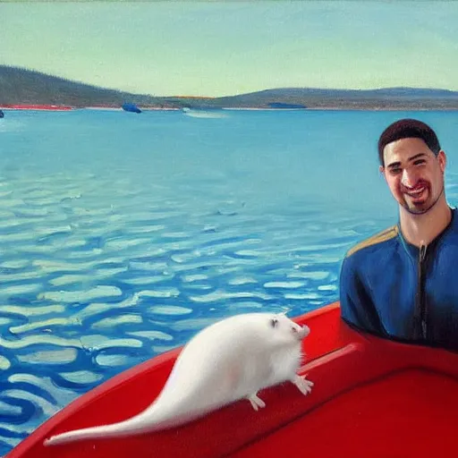 Image similar to klay thompson on a boat in the bay with his white rat, oil on canvas by wayne thiebaud