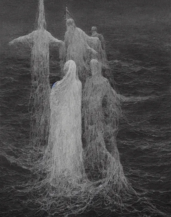 Image similar to worshippers in robes belonging to the cult of the lighthouse standing in waves, a lighthouse, high detailed beksinski painting, part by adrian ghenie and gerhard richter. art by takato yamamoto. masterpiece, dark and moody, deep colours