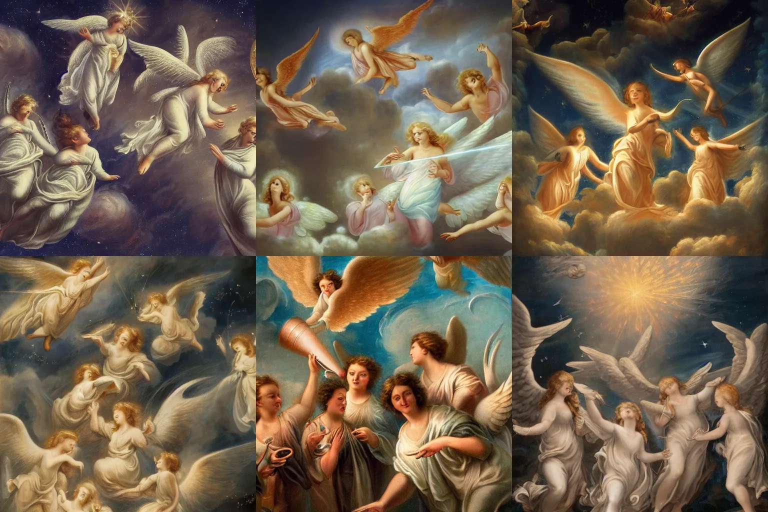 Prompt: a flock of angels emerging from jupiter blowing trumpets