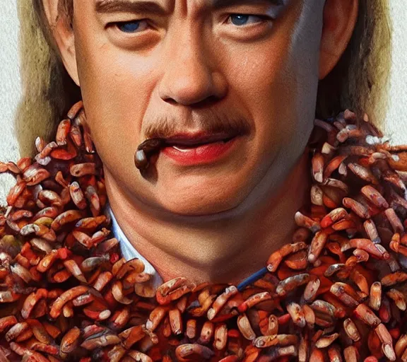 Image similar to Tom hanks as forrest gump wearing a necklace made out of shrimps around the neck, realistic face, digital art, in the style of Raphael Lacoste, amazing detail, artstation, long shot