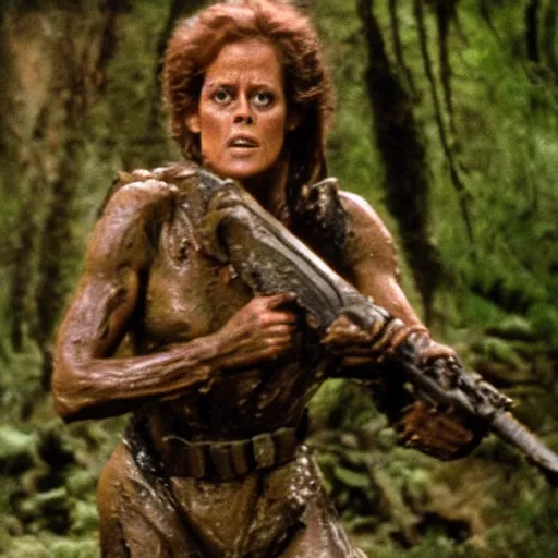 Image similar to film still of a mud - covered sigourney weaver as major dutch hiding behind a rock from the predator in predator 1 9 8 7, hd, 8 k