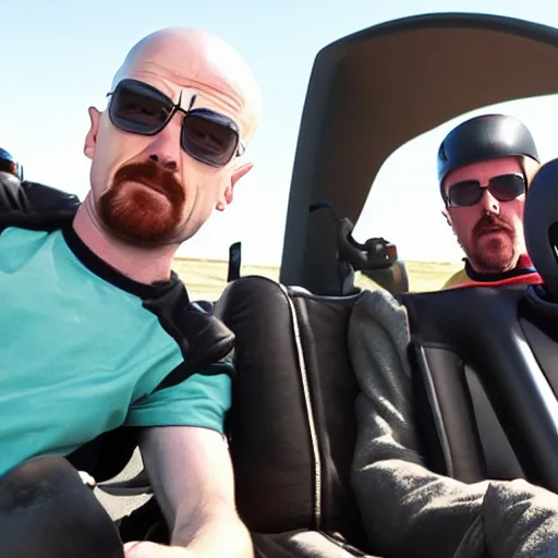 Prompt: Walter White go-karting with Jessie Pinkman