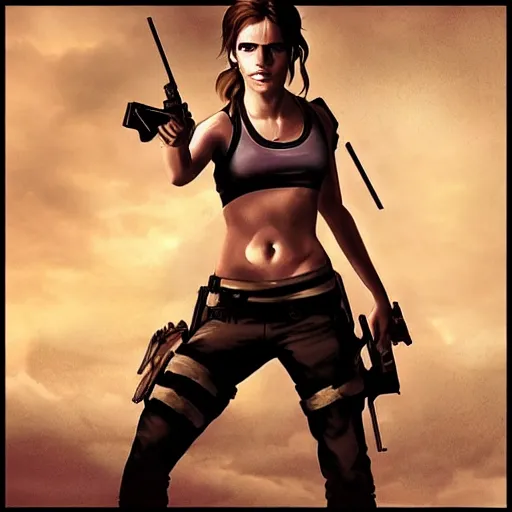 Image similar to Emma Watson as Lara Croft, digital art, highly-detailed, stunning