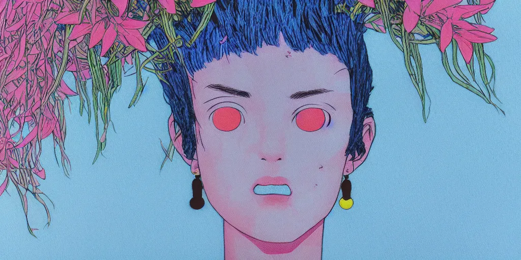 Image similar to risograph grainy painting of running man anime - like hero girl protagonist face, matte dull colors, with huge earrings, face covered with plants and flowers, by moebius and dirk dzimirsky and satisho kon, blue hour, close - up wide portrait