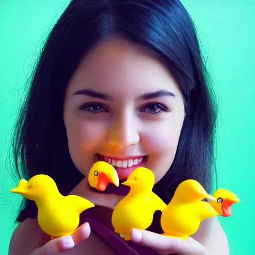 Prompt: a cute girl model, close up image, staring directly into camera, surrounded by yellow rubber ducks, photorealistic, hyper - detailed, studio lighting, shot on iphone 1 3 pro,