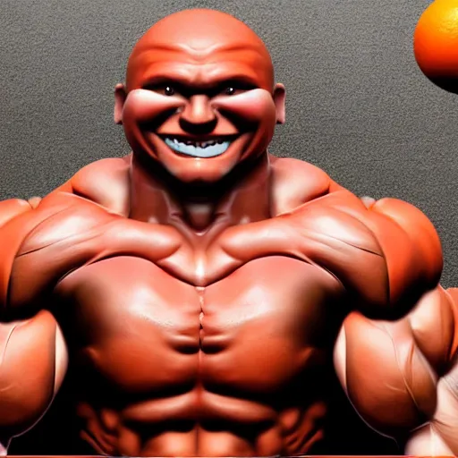 Image similar to extremely muscular man with peeled orange as head, and crayon painted face, excessively grinning, wide eyed, hyperrealistic, unreal engine, claymation