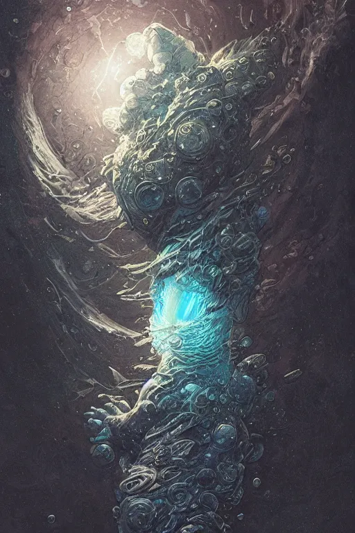 Image similar to close up shot of a full body floating astronaut portrait water elemental, high contrast, james gurney, peter mohrbacher, mike mignola, black paper, mandelbulb fractal, trending on artstation, exquisite detail perfect, large brush strokes, intricate ink illustration, black background