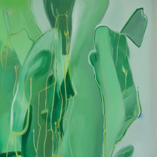 Image similar to an abstract painting of a dark green plant growing to take up everything against a mint green background, painting