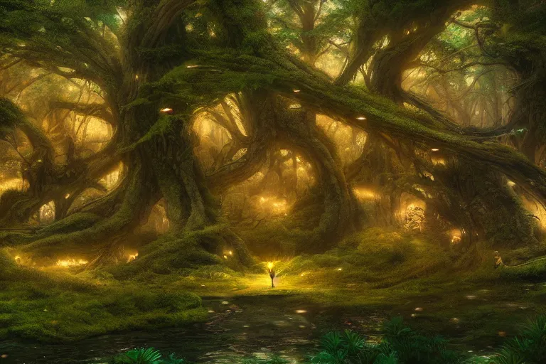 Prompt: fairy kingdom forest, miyazaki, nausicaa, ambient lighting, intricate, hyper detailed, smooth, dynamic volumetric lighting, cinematic, high quality, high resolution, 4 k