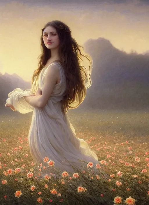 Image similar to oil painting portrait of a young woman with long flowing hair in a white dress, levitating floating over a field of flowers at sunset with mountains in the background, hazy, digital art, chiaroscuro, artstation, cinematic, golden hour, digital art painting by greg rutkowski, william - adolphe bouguereau, lu ji, hazy atmosphere, flowers, cinematic lighting