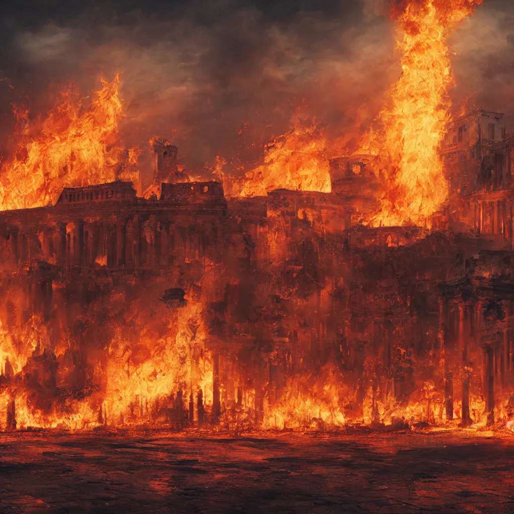 Prompt: painting of the great fire of rome, abstract, realism, 8 k, detailed, terror, octane render, 3 d render, complex, glow, cinematic, emotion