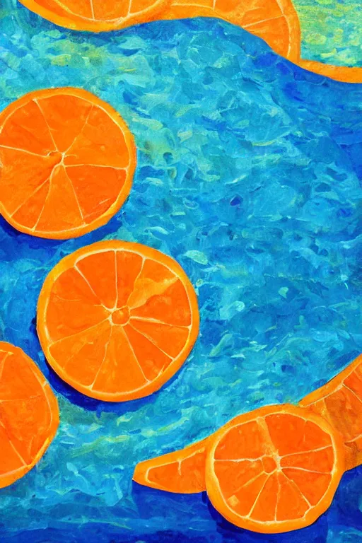 Prompt: a art work of summer ,water,wave , orange and orange slices,blue theme and Yellow accents,Colour composition by Kenya Hara