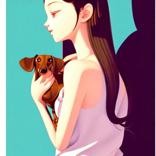 Image similar to richly detailed color  illustration of a dainty pretty young woman wearing a tank top, 'My pet dachshund' is the theme, very soft shadowing, smooth textures, large scale image. art by Range Murata.