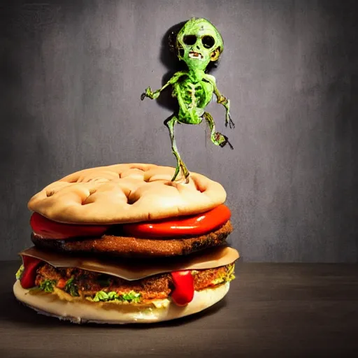 Image similar to a humanoid bipedal upright zombie that strongly resembles a hamburger, professional food photography