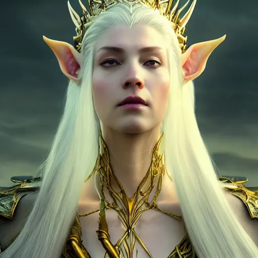 Image similar to tall elven queen sitting on the throne, full body, long white hair, pale skin, golden coloured eyes, stunning 3 d render inspired art by greg rutkowski and xiang duan and thomas eakes, realistic, highly detailed attributes and atmosphere, dim volumetric cinematic lighting, 8 k octane detailed render, post - processing, masterpiece,