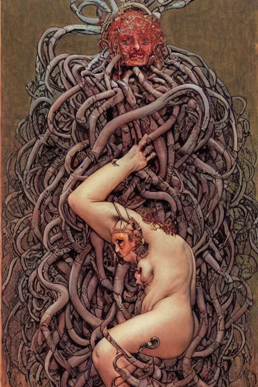 Image similar to full length portrait of insane medusa, dynamic, painted by lawrence alma tadema, zdzislaw beksinski, norman rockwell, jack kirby, tom lovell, alex malveda, greg staples, hand of fear, bbc, tv