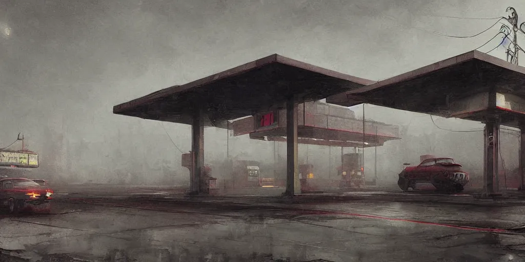 Image similar to a highly detailed epic cinematic concept art CG render digital painting artwork: Soviet gas station, fog. By Greg Rutkowski, in the style of Francis Bacon and Syd Mead and Norman Rockwell and Beksinski, open ceiling, highly detailed, painted by Francis Bacon and Edward Hopper, painted by James Gilleard, surrealism, airbrush, Ilya Kuvshinov, WLOP, Stanley Artgerm, very coherent, triadic color scheme, art by Takato Yamamoto and James Jean