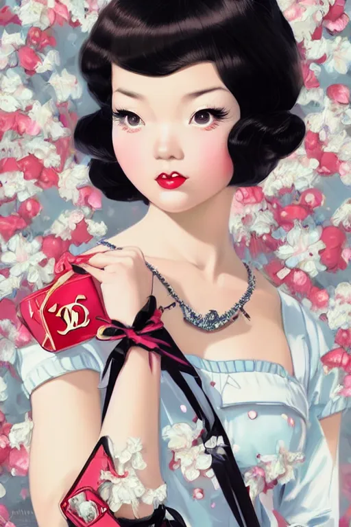 Image similar to a vintage pin up and beautiful fashion dreamlke japan girl with lv jewelry, character art, art by artgerm and wlop and and ilya kuvshinov, hyperdetailed, 8 k realistic, symmetrical,, frostbite 3 engine, cryengine, dof, trending on artstation, digital art, chanel, dior, fantasy background