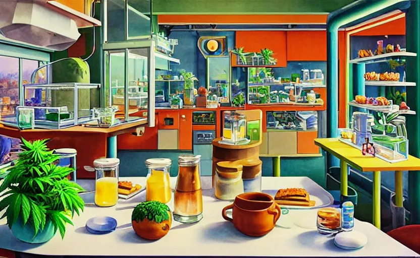 Prompt: modern day western australian cannabis pot plant cake cafe factory with breakfast and brunch, hyperrealistic watercolour pop art cute cannabis plants and a mini laboratory. by rembrant, battle angel alita, ralph mcquarrie, aluminum, 2 0 2 5