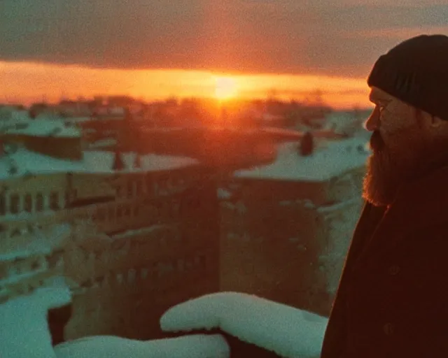 Image similar to lomographic tarkovsky film still of 4 0 years russian man with beard and sweater standing on small hrushevka 9 th floor balcony in winter taiga looking at sunset, cinestill, bokeh