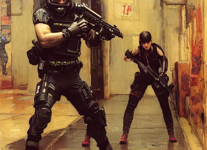 Image similar to Maria evades sgt Griggs. Cyberpunk hacker escaping Menacing Cyberpunk policeman griggs wearing a combat vest. (dystopian, police state, Cyberpunk 2077, bladerunner 2049). Iranian orientalist portrait by john william waterhouse and Edwin Longsden Long and Theodore Ralli and Nasreddine Dinet, oil on canvas. Cinematic, vivid colors, hyper realism, realistic proportions, dramatic lighting, high detail 4k