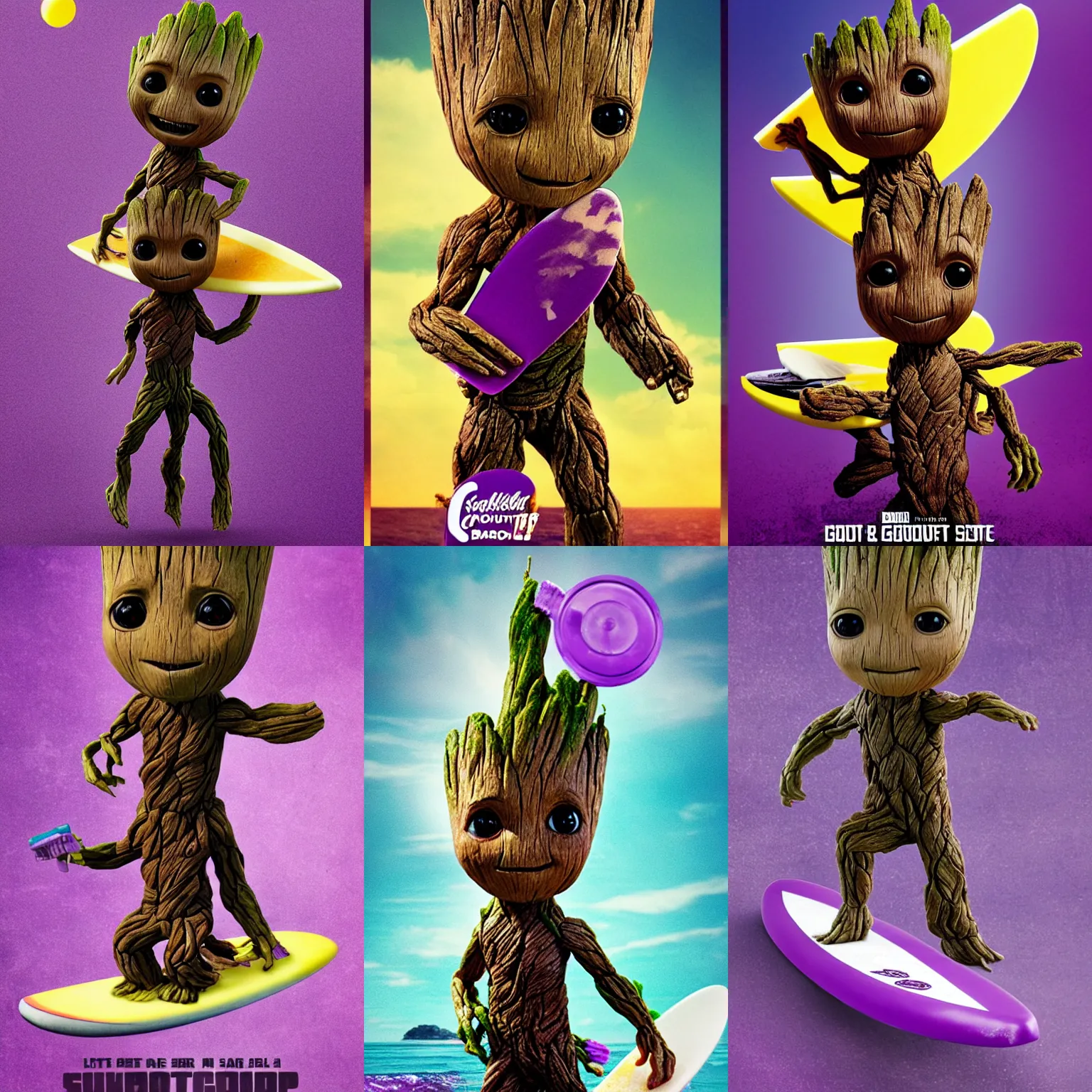 Prompt: little Groot is riding a surfboard shaped like a bar of purple soap, cinematic angle, poster style