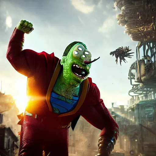 Prompt: pickle rick as superman! flying in ( gears of war ), splash art, movie still, detailed face, photorealistic facial features, cinematic lighting, dramatic, octane render, long lens, shallow depth of field, bokeh, anamorphic lens flare, 8 k, hyper detailed, 3 5 mm film grain